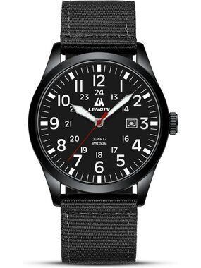 LN LENQIN Men's Black Classic Military Analog Quartz Waterproof Nylon Band Watch